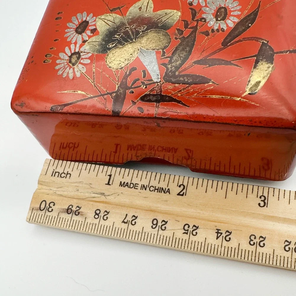 Vintage Red Lacquer Trinket Box‎ Floral Bird Oriental Design Gift Box Jewelry